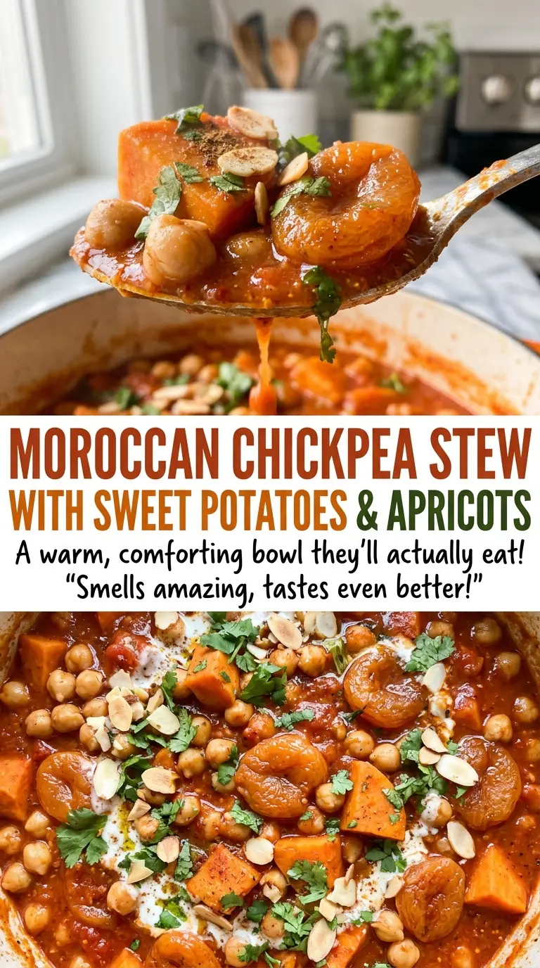 Moroccan Chickpea Stew with Sweet Potatoes and Apricots, colorful cozy stew