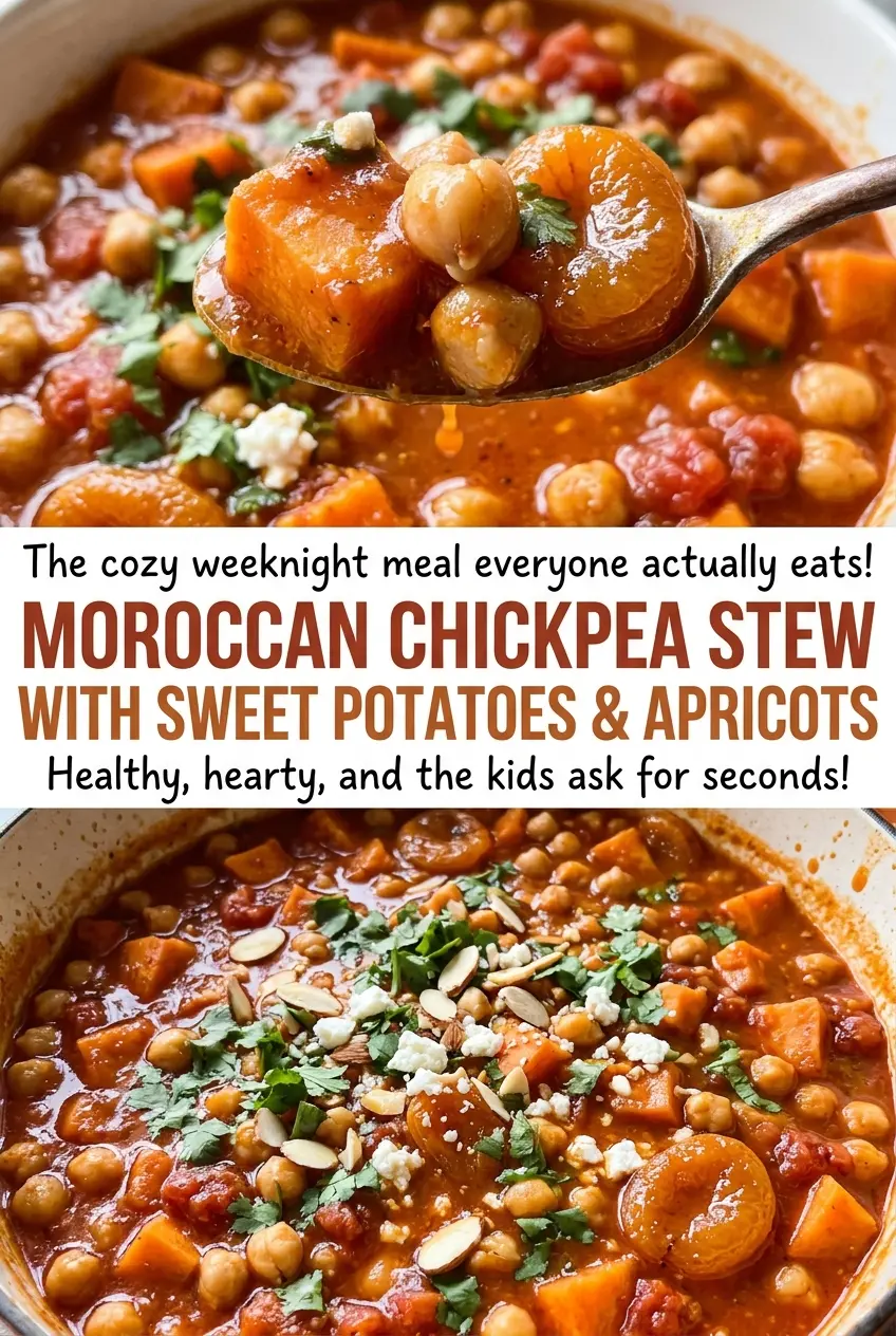 Moroccan Chickpea Stew with Sweet Potatoes and Apricots, golden hearty bowl