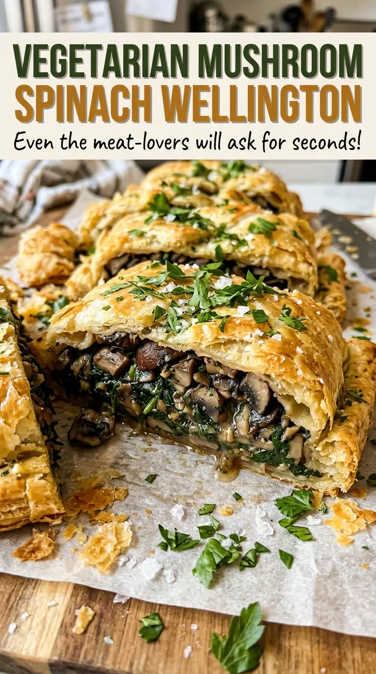 Mushroom Spinach Wellington with crisp golden crust