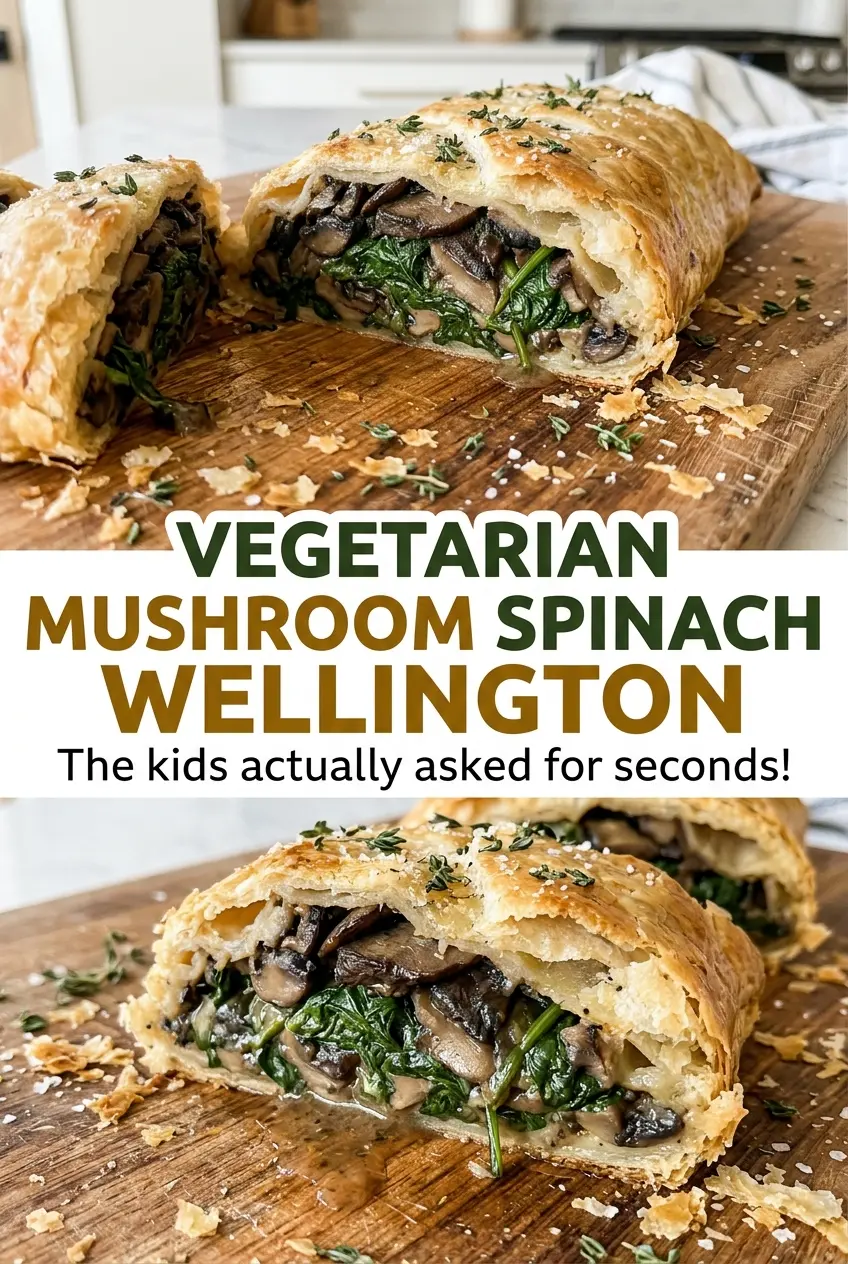 Mushroom Spinach Wellington with golden flaky pastry
