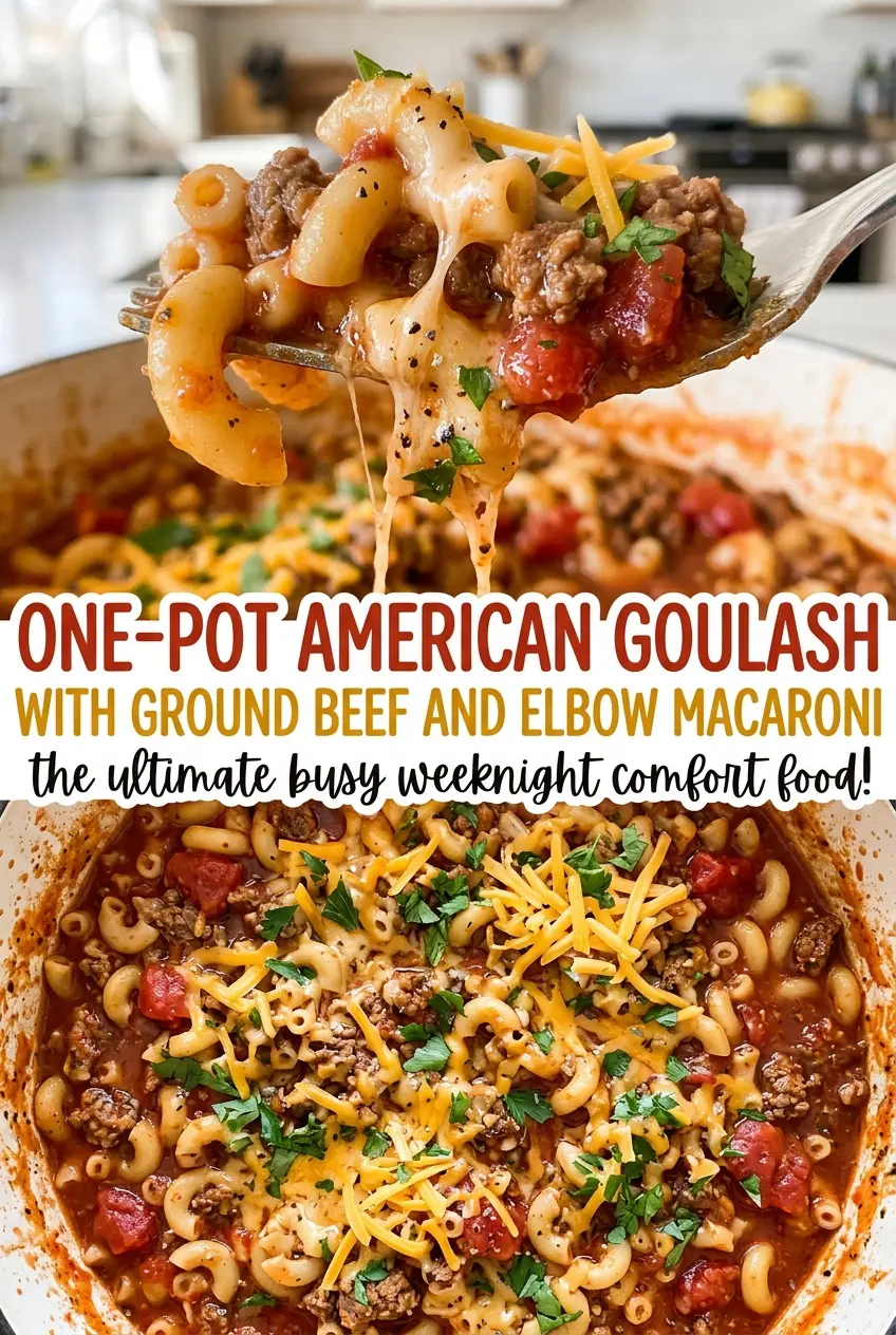 One-Pot American Goulash with Ground Beef and Elbow Macaroni bubbling tomato sauce