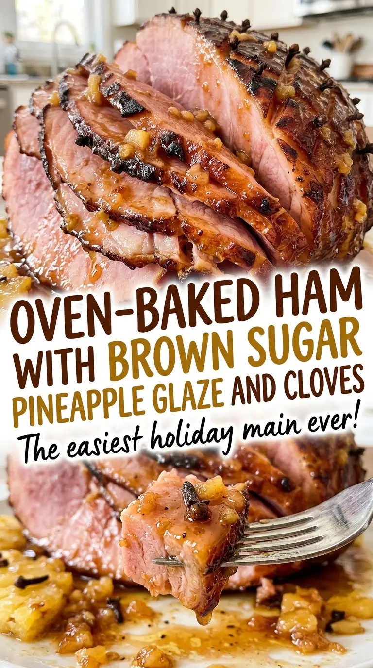 Oven-Baked Ham with Brown Sugar Pineapple Glaze and Cloves, glossy golden slices