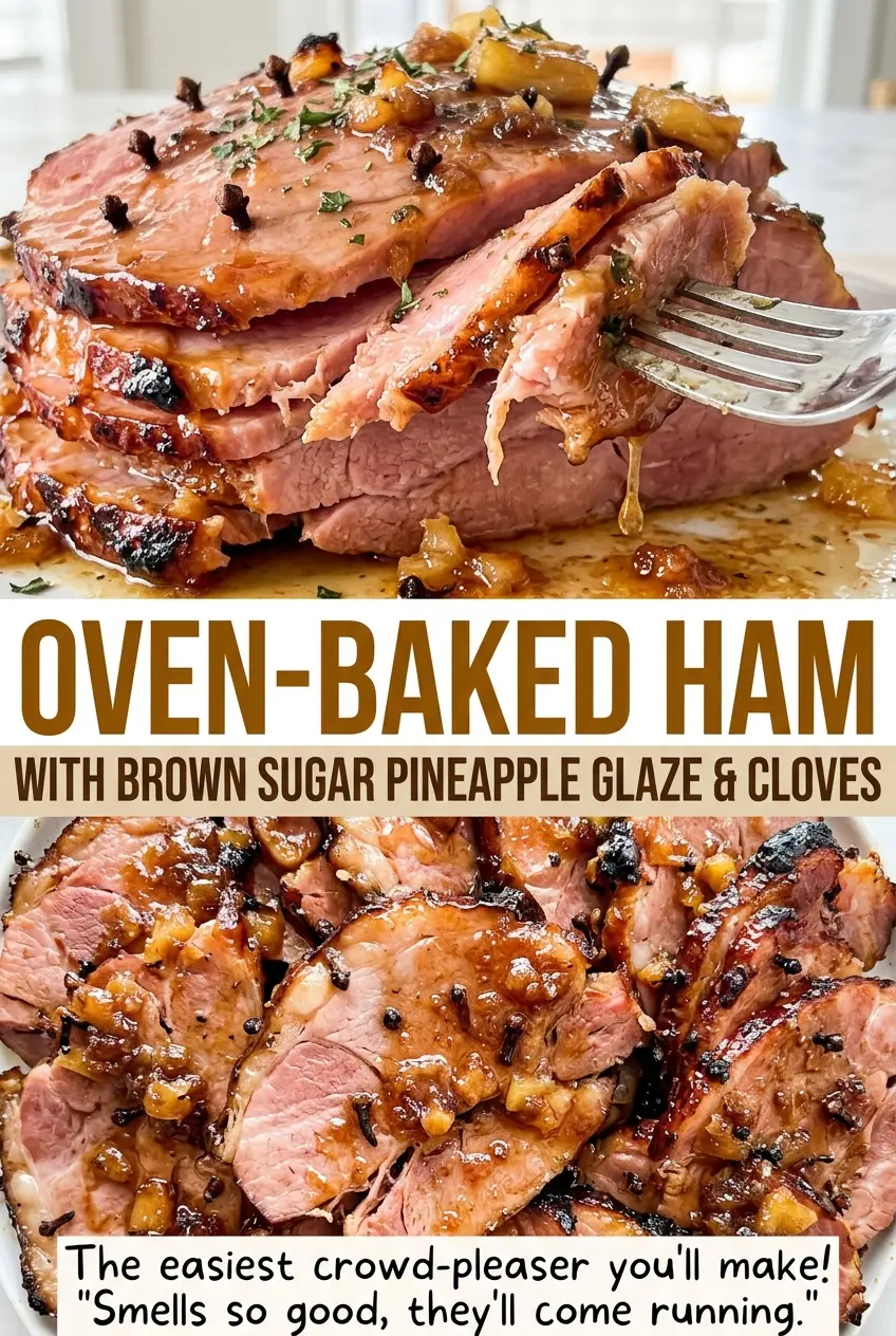 Oven-Baked Ham with Brown Sugar Pineapple Glaze and Cloves, glossy golden slices