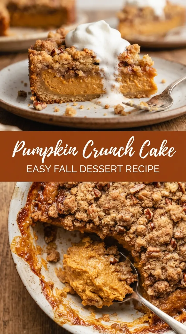 Pumpkin Crunch Cake with creamy pumpkin layers, buttery pecan crunch, spiced topping