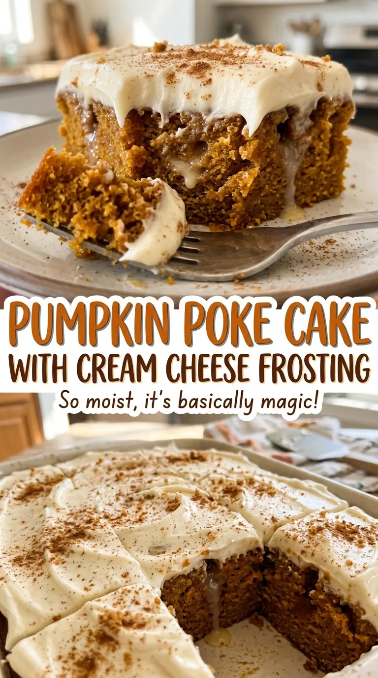 Pumpkin poke cake with cream cheese frosting, chilled creamy layers
