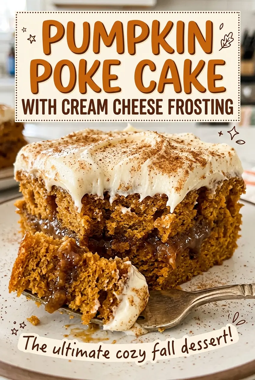 Pumpkin poke cake with cream cheese frosting, tender spiced crumb