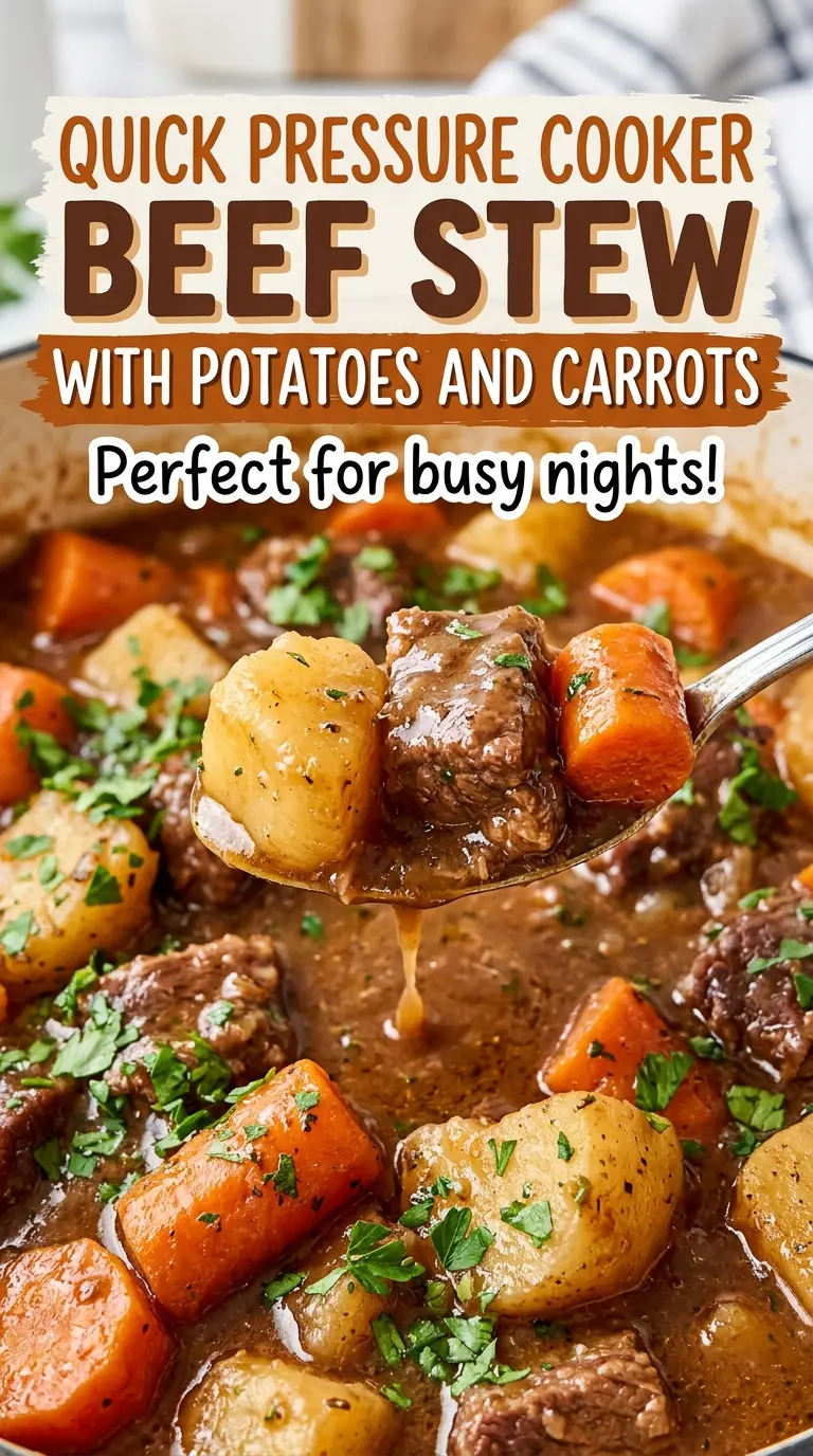 Quick Pressure Cooker Beef Stew with Potatoes and Carrots, tender and savory