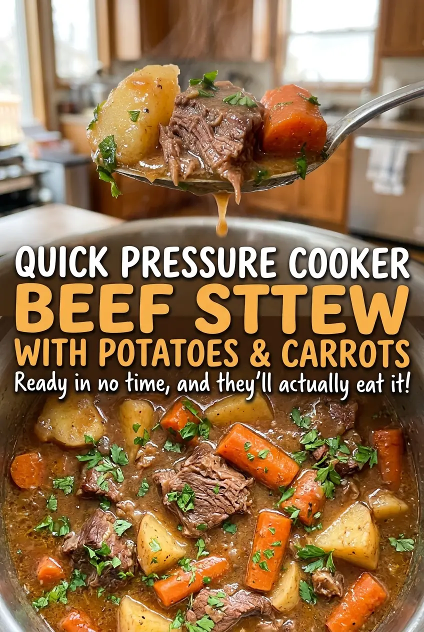 Quick Pressure Cooker Beef Stew with Potatoes and Carrots, rich and hearty