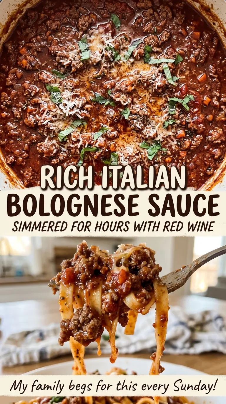 Rich Italian Bolognese Sauce Simmered for Hours with Red Wine, thick and savory