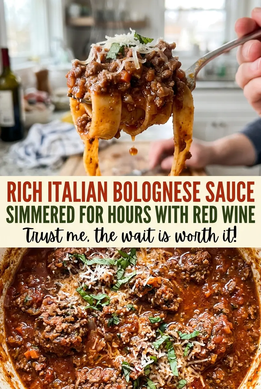 Rich Italian Bolognese Sauce Simmered for Hours with Red Wine, thick and savory