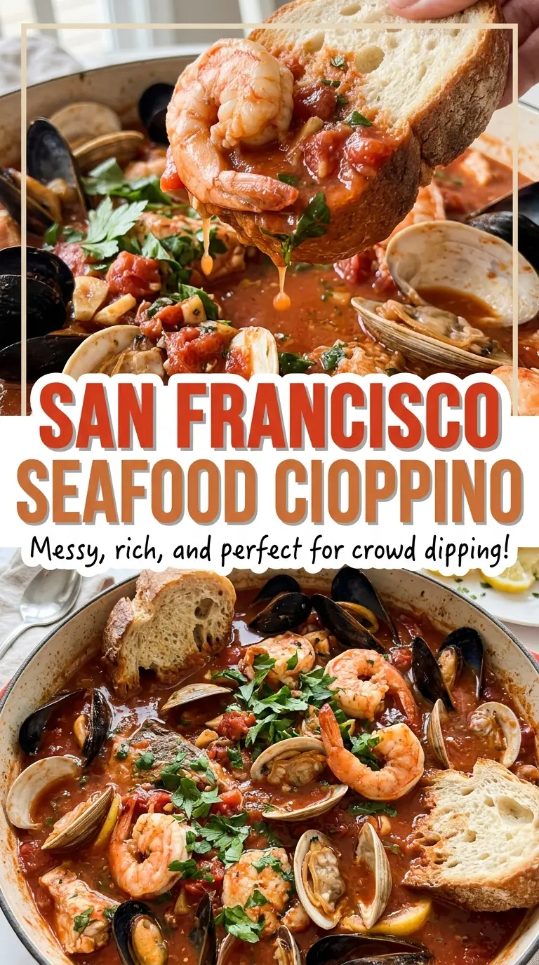San Francisco seafood cioppino, sourdough dipping