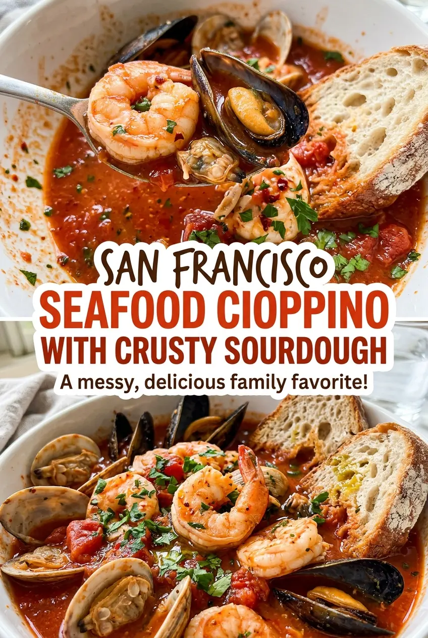 San Francisco seafood cioppino, briny tomato broth