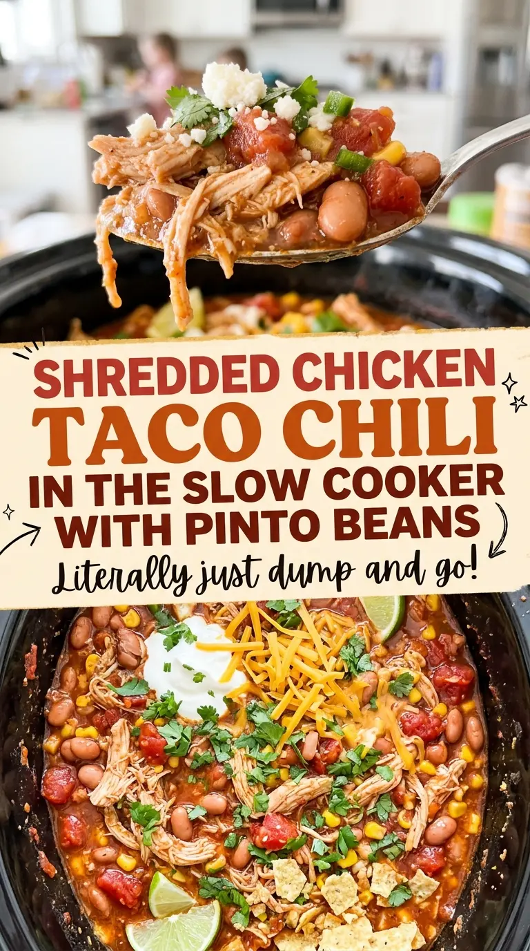 Shredded Chicken Taco Chili in the Slow Cooker with Pinto Beans, cozy and hearty