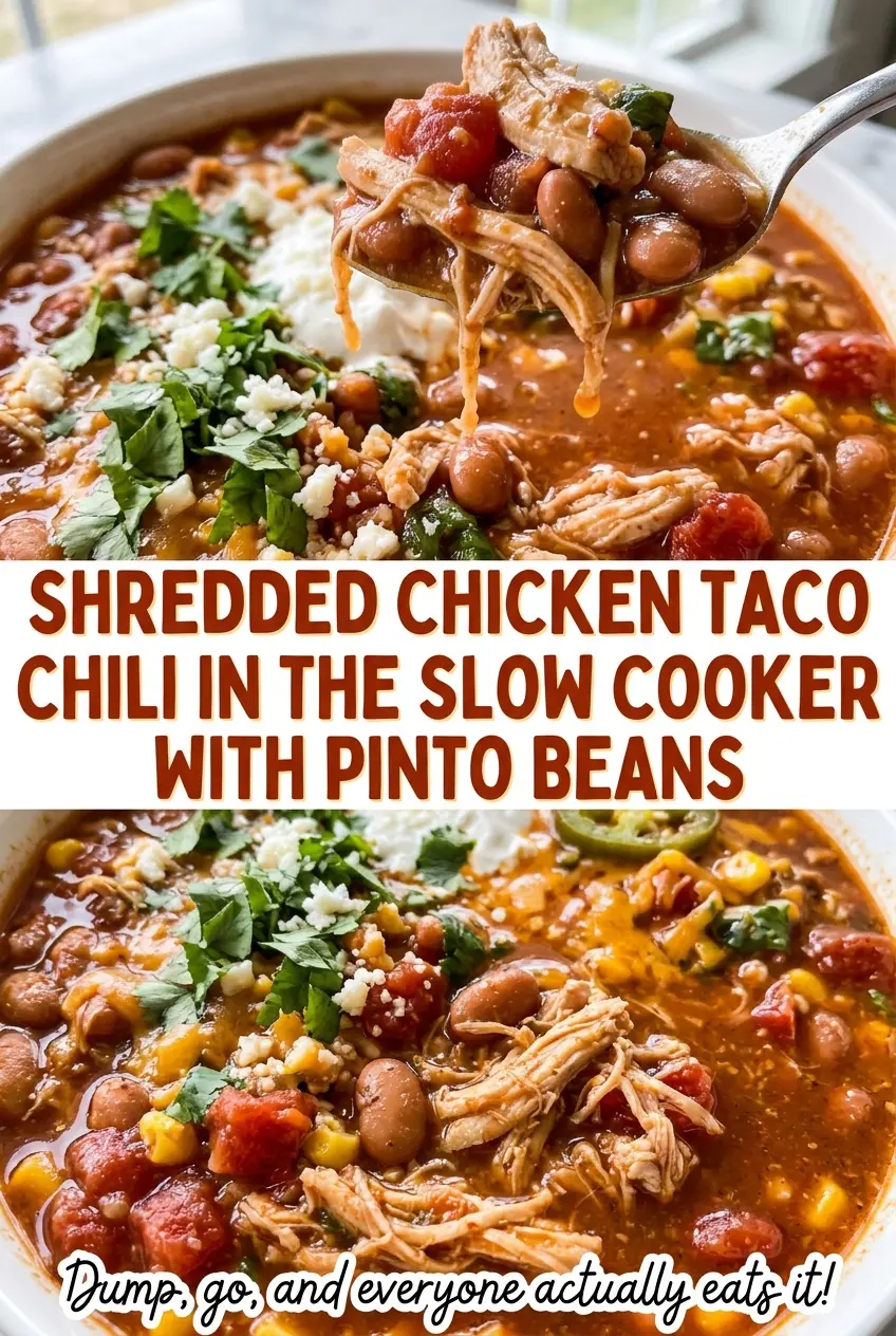 Shredded Chicken Taco Chili in the Slow Cooker with Pinto Beans, hearty and saucy