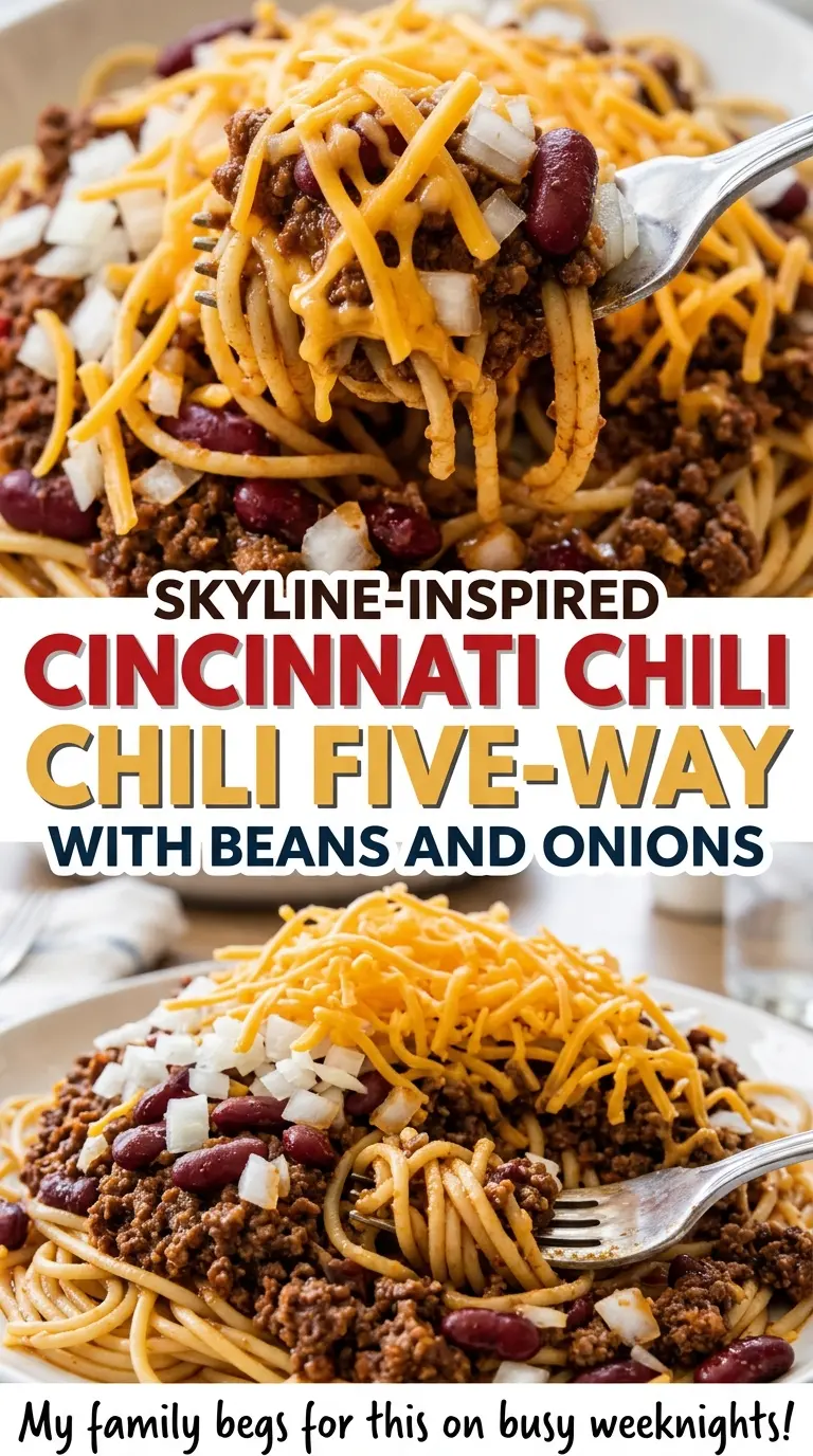 Skyline-Inspired Cincinnati Chili Five-Way with Beans and Onions, cheesy spaghetti bowl