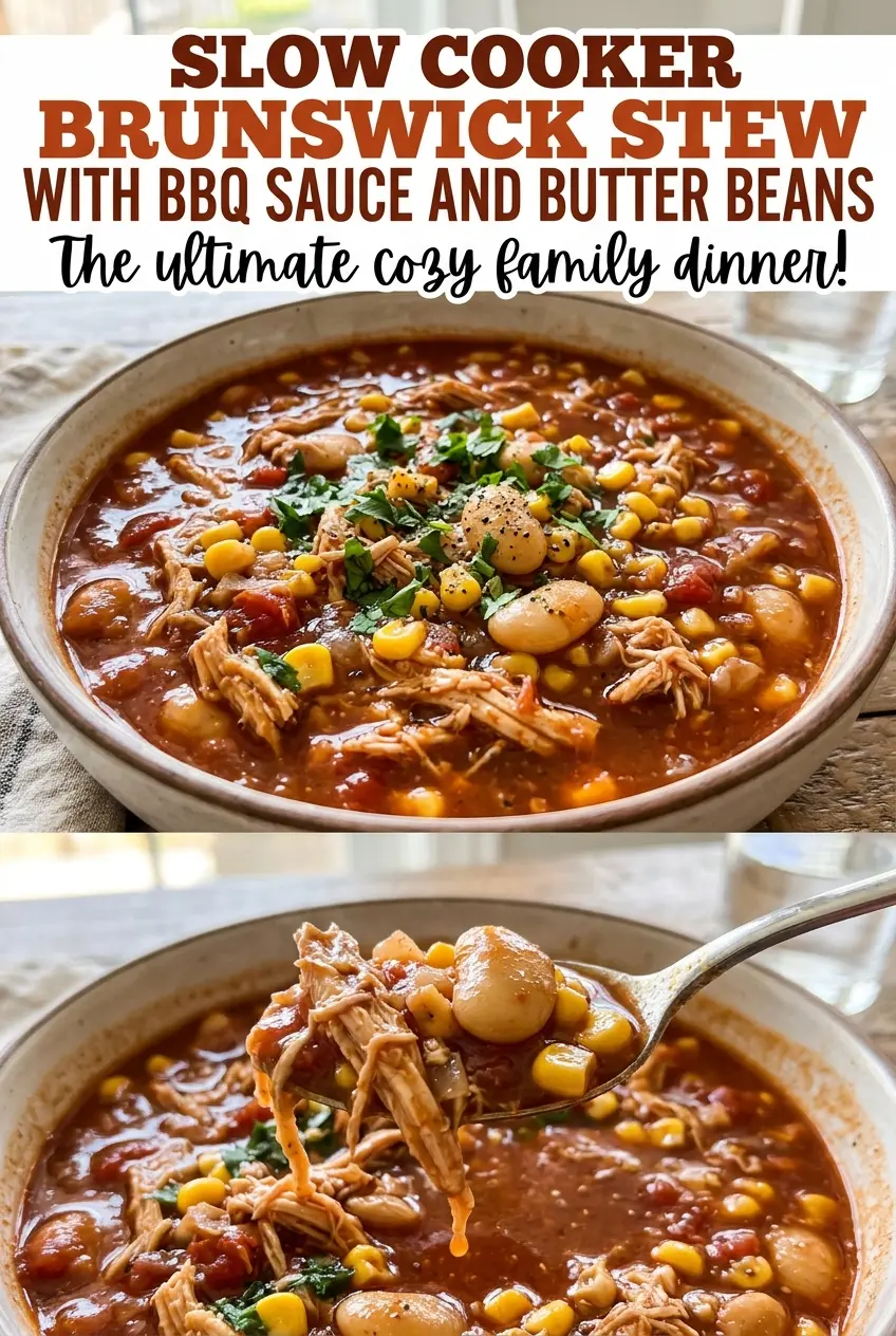 Slow Cooker Brunswick Stew with BBQ Sauce and Butter Beans, smoky tomato-rich