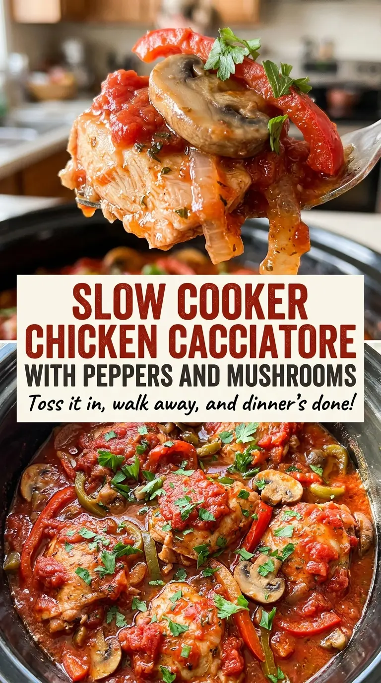 Slow Cooker Chicken Cacciatore with Peppers and Mushrooms and tender chicken