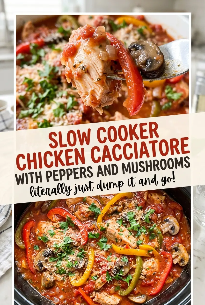 Slow Cooker Chicken Cacciatore with Peppers and Mushrooms in rich tomato sauce