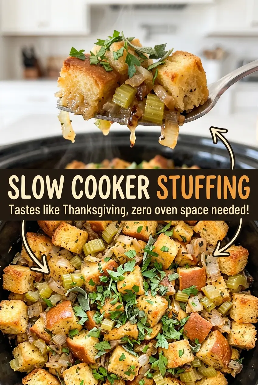 Slow Cooker Stuffing soft savory bread cubes