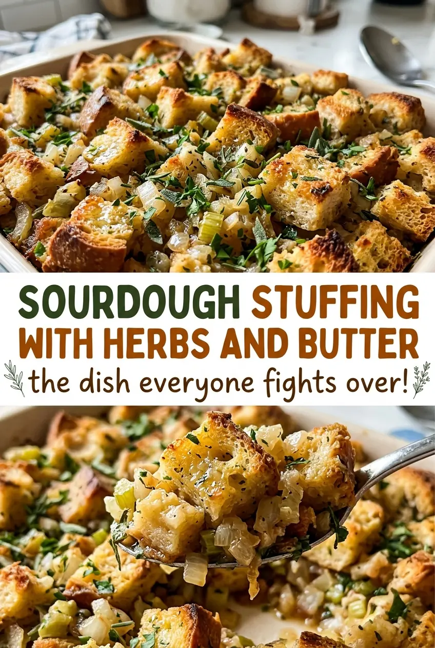 Sourdough stuffing with herbs and butter, golden crisp top