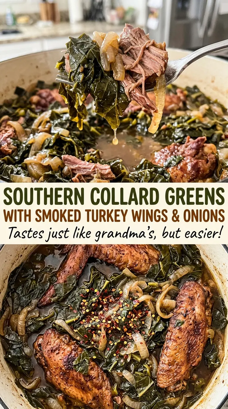 Southern collard greens with smoked turkey wings and onions rich tender bowl