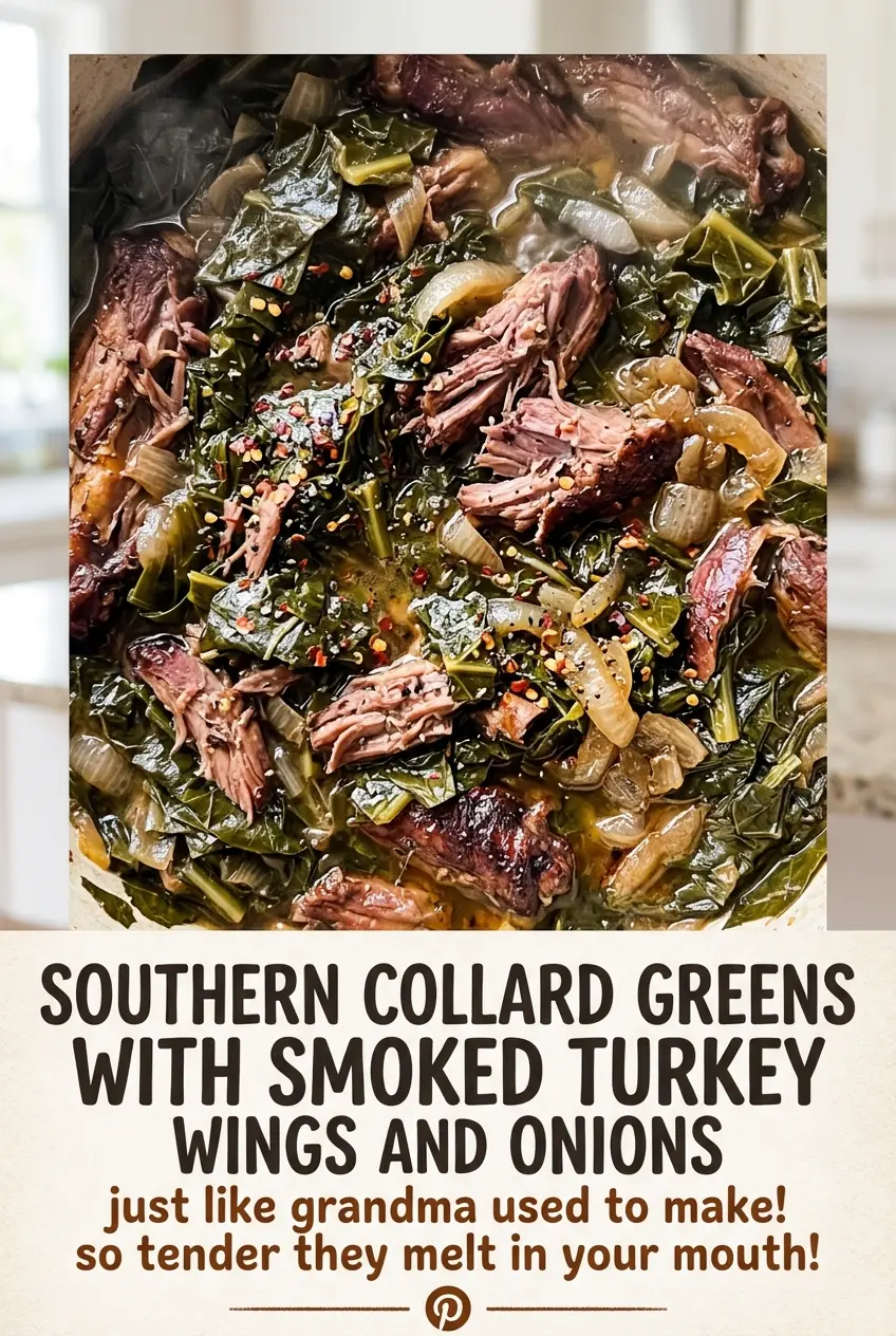 Southern collard greens with smoked turkey wings and onions tender smoky greens