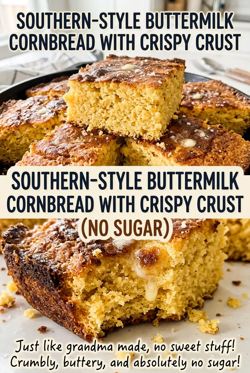 Southern-Style Buttermilk Cornbread with Crispy Crust (No Sugar), golden skillet top