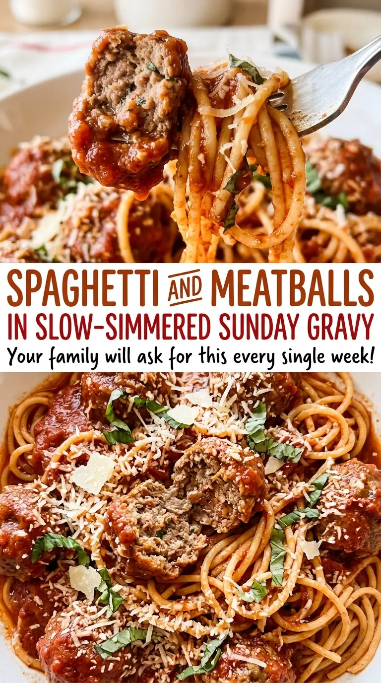 Spaghetti and Meatballs in Slow-Simmered Sunday Gravy, rich and comforting