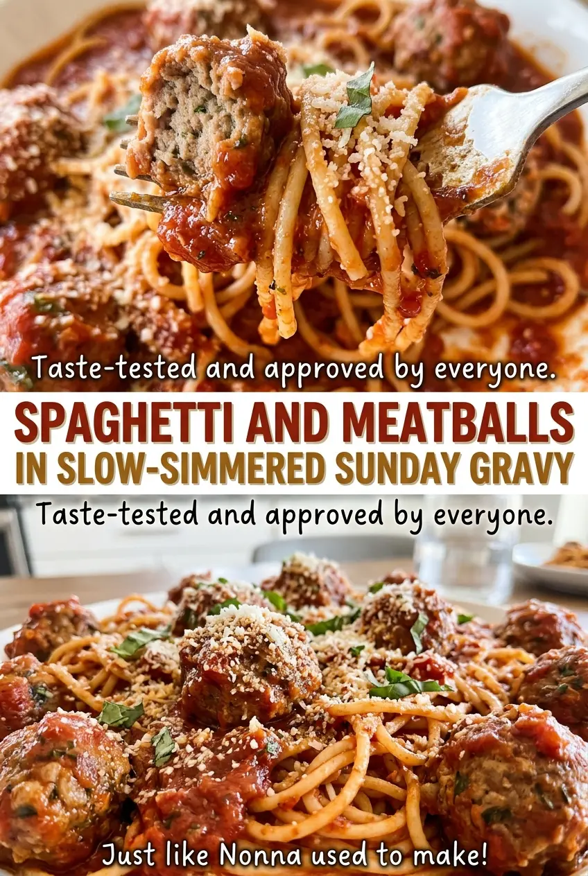 Spaghetti and Meatballs in Slow-Simmered Sunday Gravy, saucy and hearty