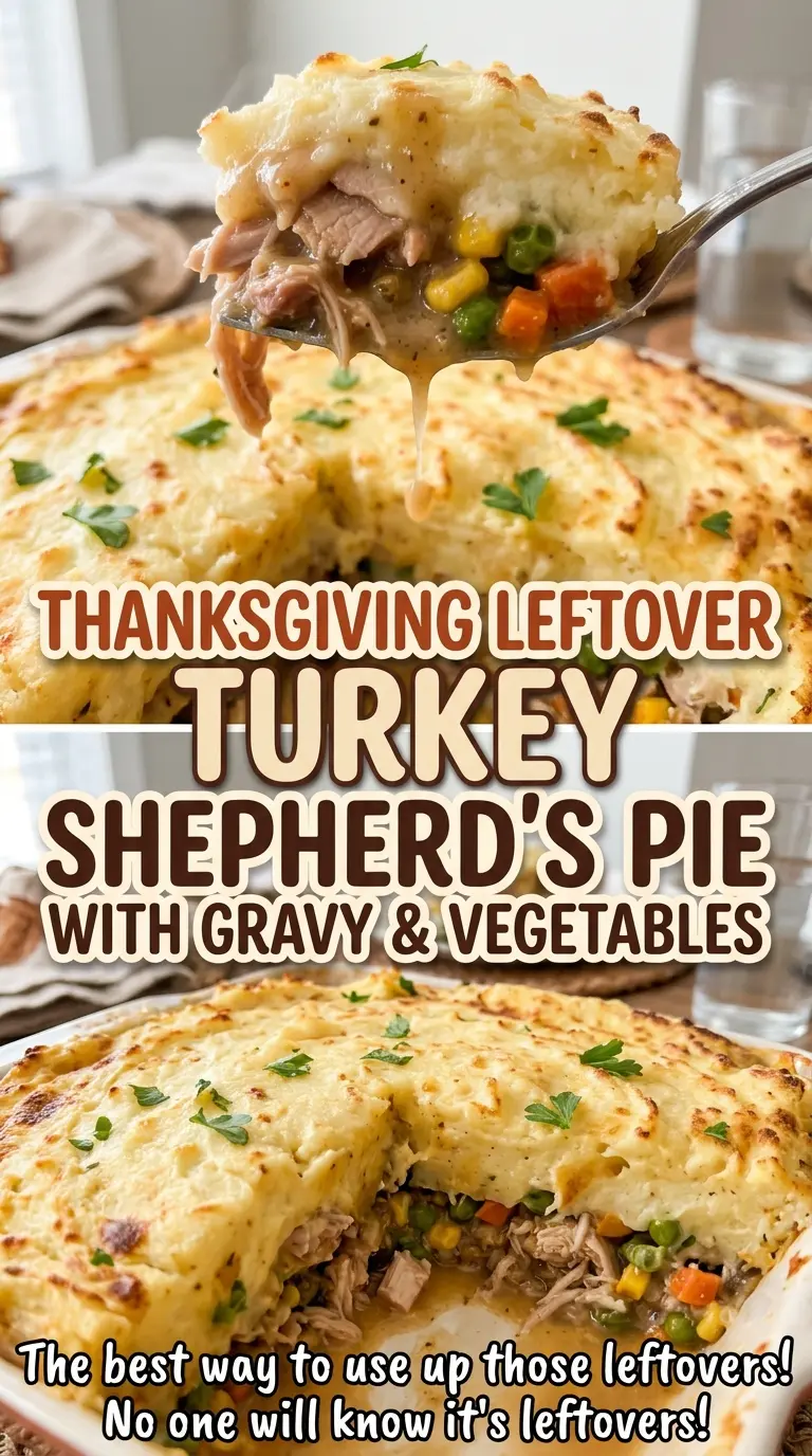 Thanksgiving leftover turkey shepherd's pie, bubbling gravy and golden topping