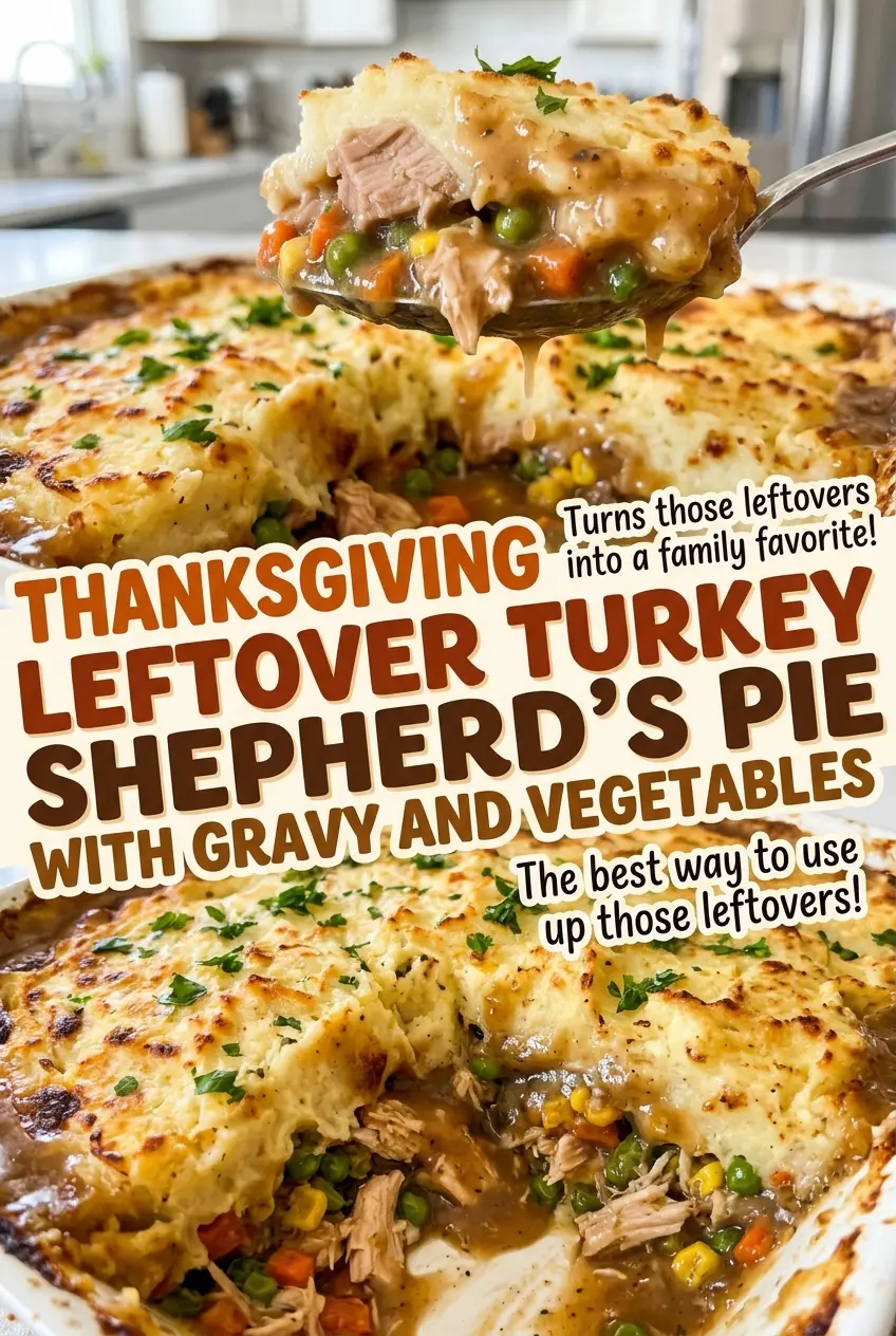 Thanksgiving leftover turkey shepherd's pie with bubbling gravy and golden topping