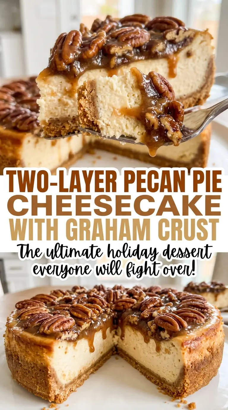 Two-Layer Pecan Pie Cheesecake with Graham Crust, creamy golden layers