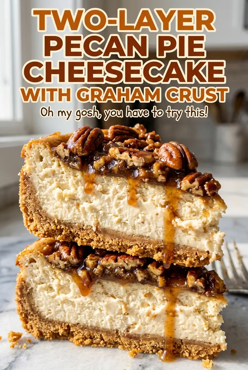 Two-Layer Pecan Pie Cheesecake with Graham Crust, creamy golden layers