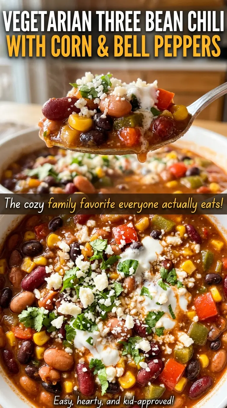 Vegetarian Three Bean Chili with Corn and Bell Peppers, cozy and colorful