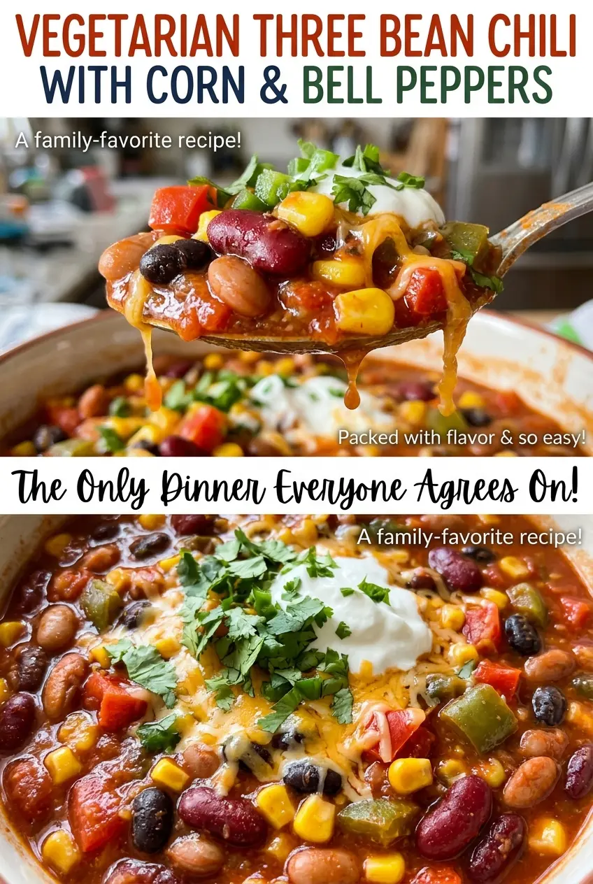 Vegetarian Three Bean Chili with Corn and Bell Peppers, hearty and colorful